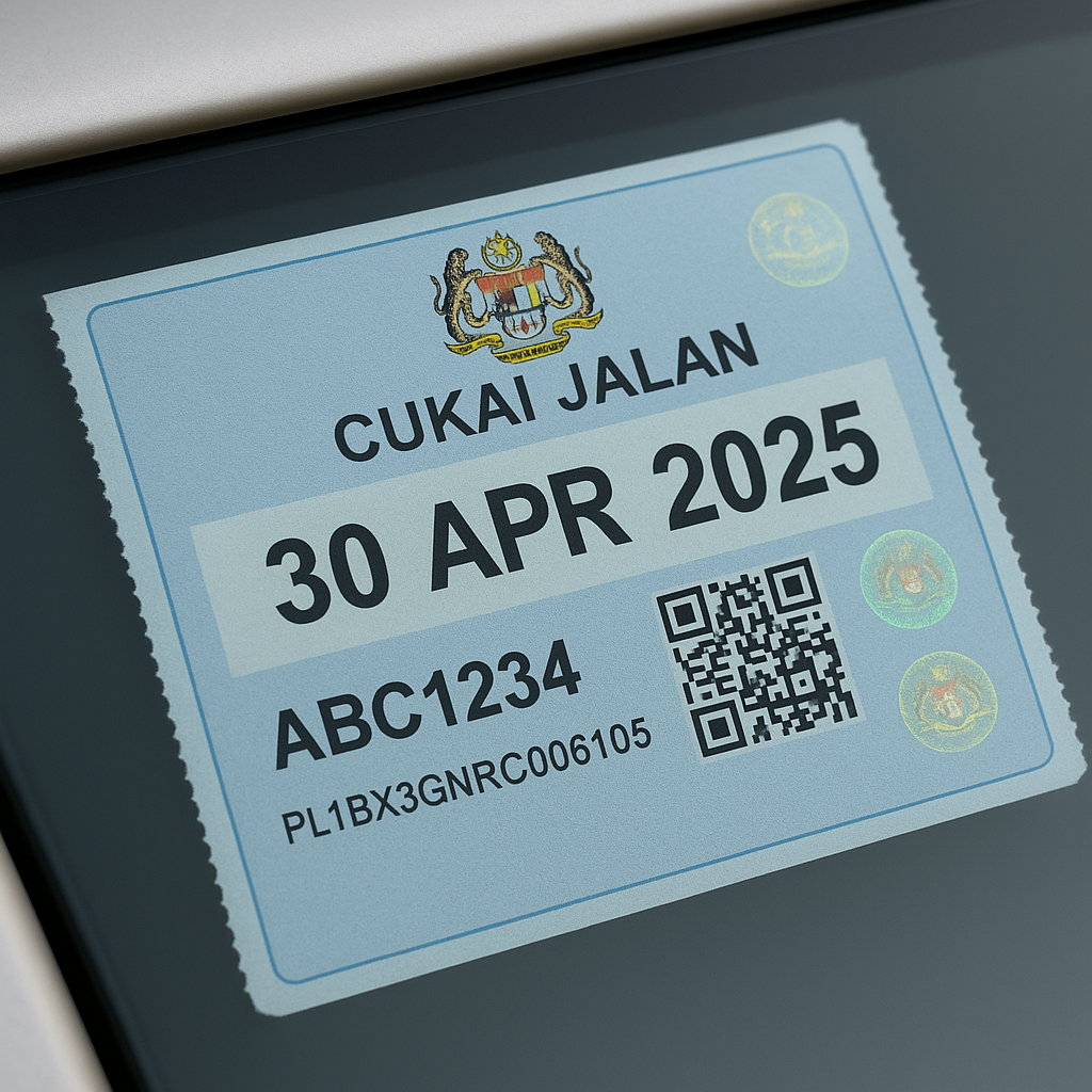 Imej hasil AI contoh pelekat cukai jalan baharu Malaysia.