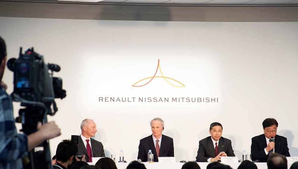 Jean-Dominique Senard, Chairman of Renault, Hiroto Saikawa, CEO of Nissan, Thierry Bolloré, CEO of Renault and Osamu Masuko, CEO of Mitsubishi Motors
